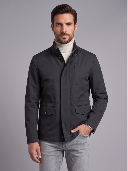 Erkek Siyah Dik Yaka Comfort Fit Torba Cepli Mont