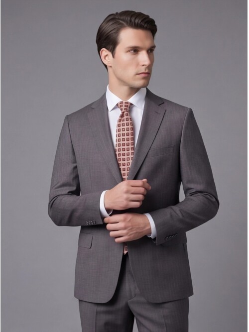 Füme Yünlü Mono Yaka Regular Fit 2 Düğme Takım Elbise