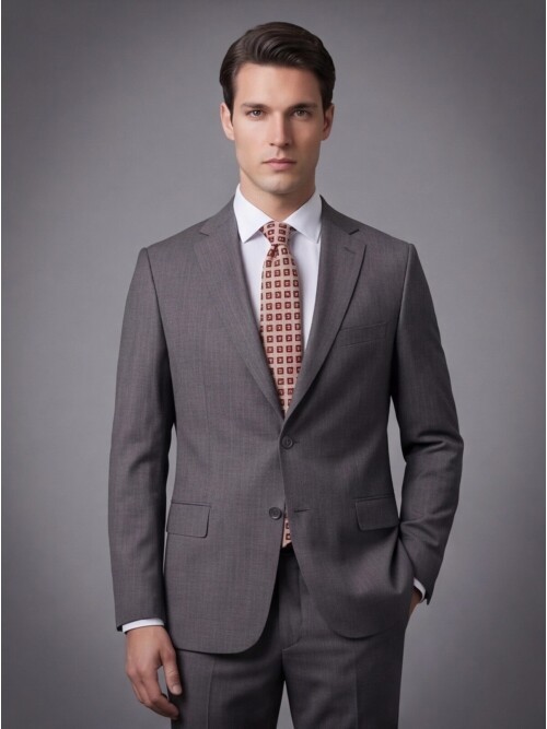 Füme Yünlü Mono Yaka Regular Fit 2 Düğme Takım Elbise