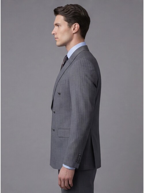 Grey Striped Wool Peak Lapel Double-Breasted Regular Fit 6-Button Suit
