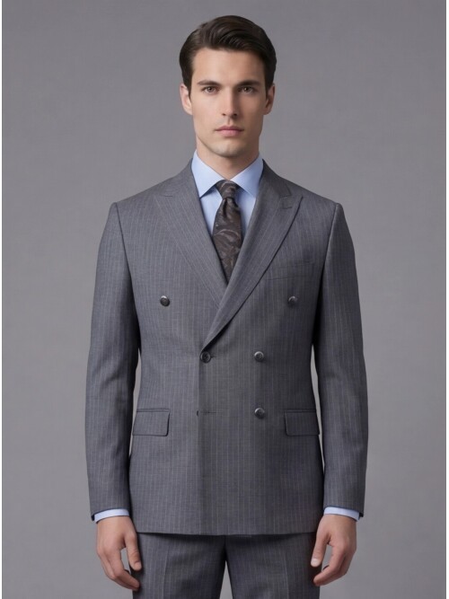 Grey Striped Wool Peak Lapel Double-Breasted Regular Fit 6-Button Suit