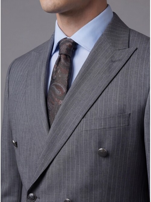 Grey Striped Wool Peak Lapel Double-Breasted Regular Fit 6-Button Suit