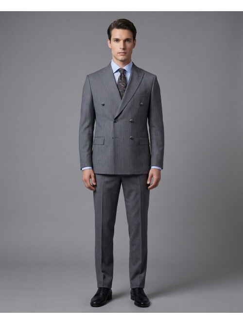 Grey Striped Wool Peak Lapel Double-Breasted Regular Fit 6-Button Suit