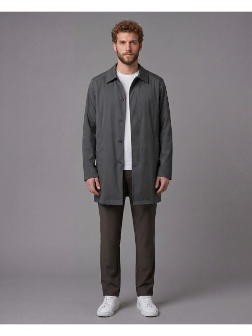 Gri Gömlek Yaka Beş Düğmeli Comfort Fit Tam Astarlı Yağmurluk