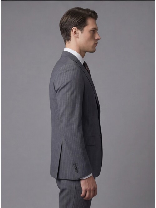 Gri Yünlü Mono Yaka Regular Fit 2 Düğme Takım Elbise