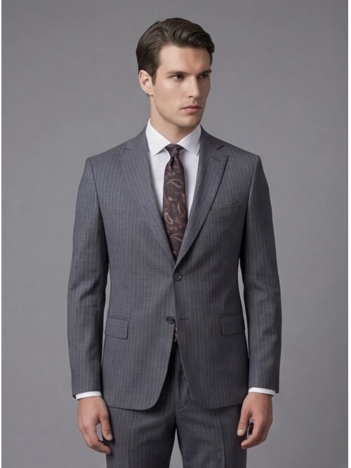 Gri Yünlü Mono Yaka Regular Fit 2 Düğme Takım Elbise