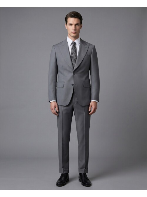 Gri Yünlü Sivri Yaka Comfort Fit Takım Elbise