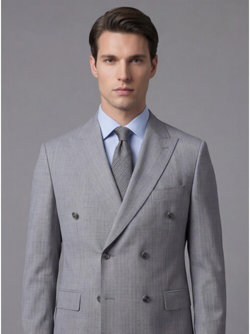 Gri Yünlü Sivri Yaka Kruvaze Regular Fit 6 Düğme Takım Elbise