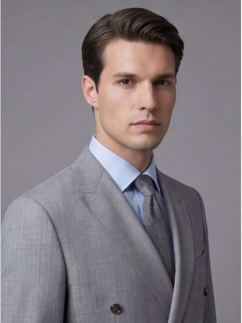 Gri Yünlü Sivri Yaka Kruvaze Regular Fit 6 Düğme Takım Elbise