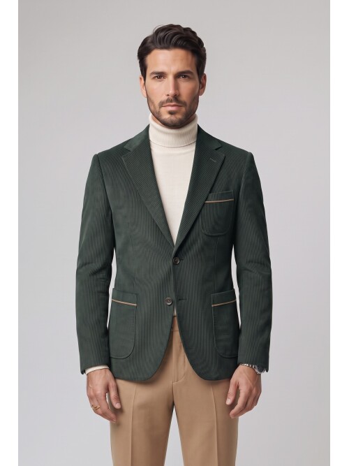 Khaki Velvet Notch Lapel Slim Fit Jacket