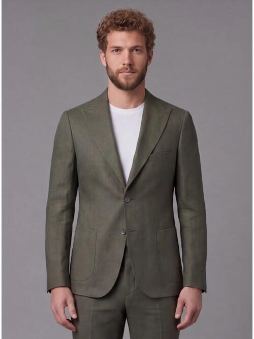 Haki Keten Sivri Yaka Comfort Fit Torba Cep 2 Düğme Takım Elbise