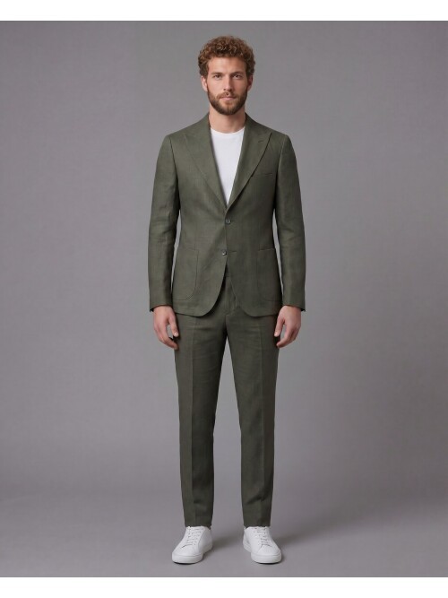 Haki Keten Sivri Yaka Comfort Fit Torba Cep 2 Düğme Takım Elbise