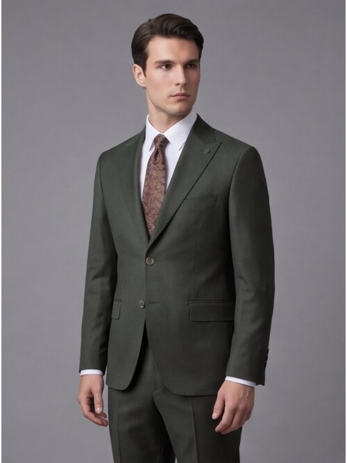 Haki Sivri Yaka İki Düğmeli Slim Fit Takım Elbise