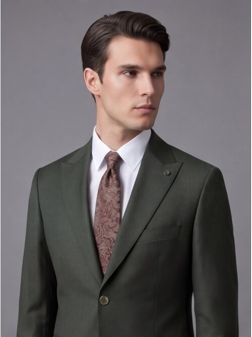 Haki Sivri Yaka İki Düğmeli Slim Fit Takım Elbise