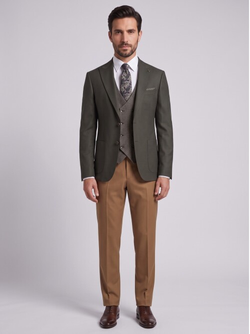Khaki Three-Piece Suit Set