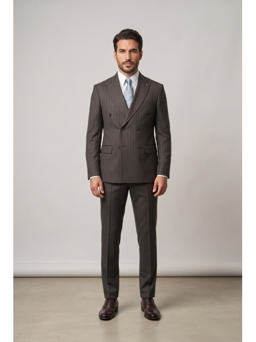 Brown Striped Peak Lapel Double Breasted 6 Button Comfort Fit Suit