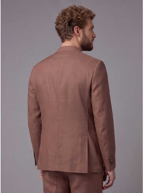 Kahverengi Keten Sivri Yaka Comfort Fit Torba Cep 2 Düğme Takım Elbise