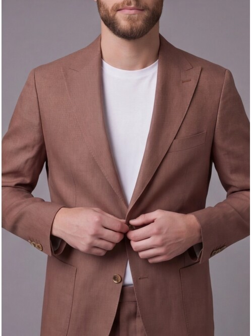 Kahverengi Keten Sivri Yaka Comfort Fit Torba Cep 2 Düğme Takım Elbise