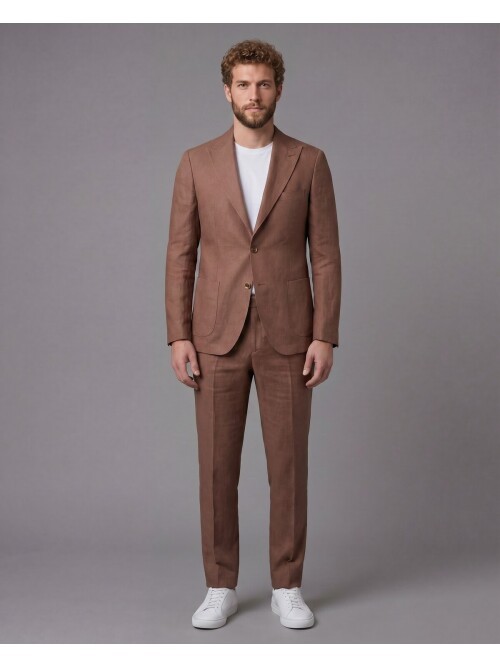 Kahverengi Keten Sivri Yaka Comfort Fit Torba Cep 2 Düğme Takım Elbise