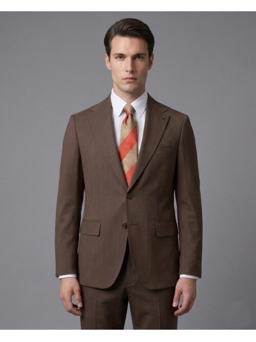 Kahverengi Mono Yaka İki Düğmeli Slim Fit Takım Elbise