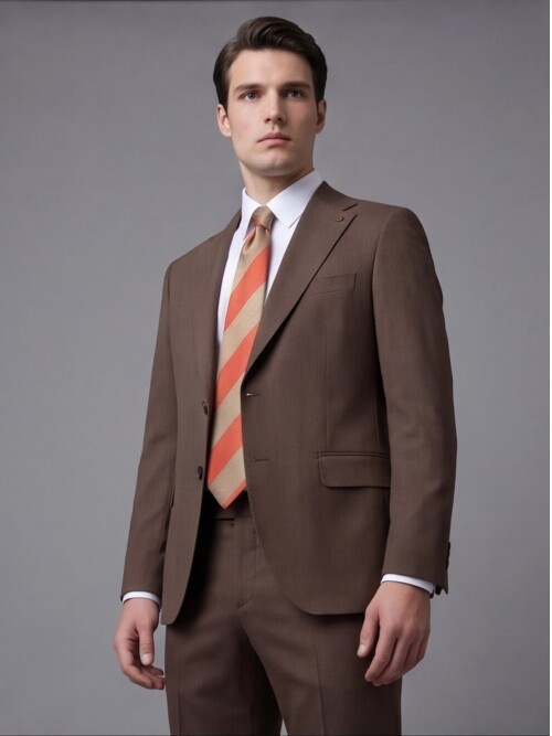 Kahverengi Mono Yaka İki Düğmeli Slim Fit Takım Elbise