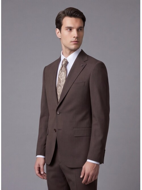 Kahverengi Mono Yaka İki Düğmeli Slim Fit Takım Elbise