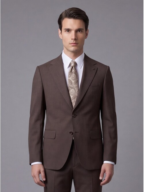 Kahverengi Mono Yaka İki Düğmeli Slim Fit Takım Elbise