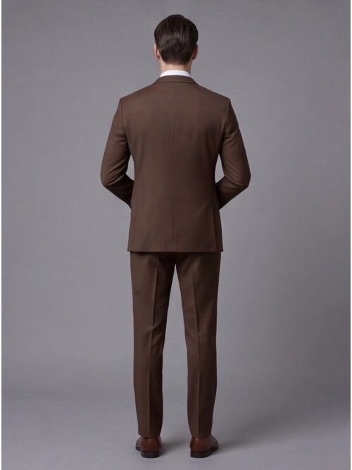 Kahverengi Yünlü Mono Yaka Regular Fit 2 Düğme Takım Elbise