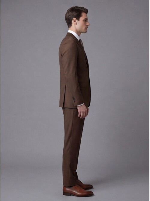 Kahverengi Yünlü Mono Yaka Regular Fit 2 Düğme Takım Elbise