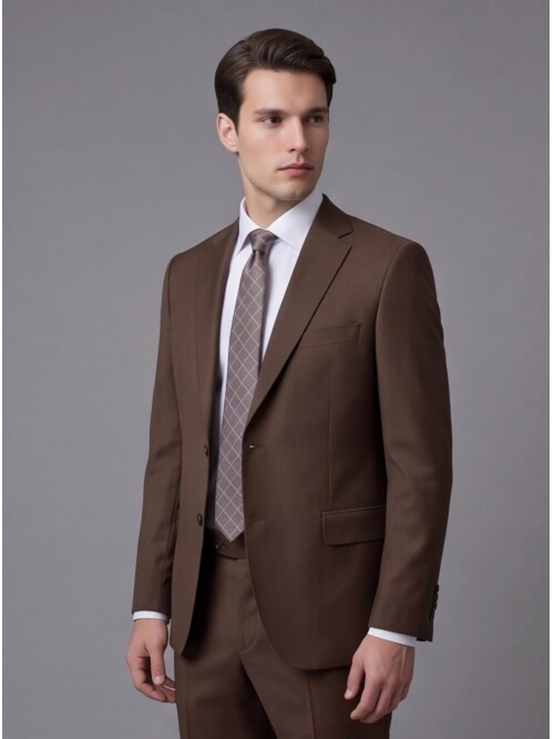 Kahverengi Yünlü Mono Yaka Regular Fit 2 Düğme Takım Elbise