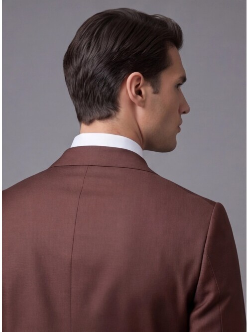 Kahverengi Yünlü Sivri Yaka Kruvaze Comfort Fit Takım Elbise