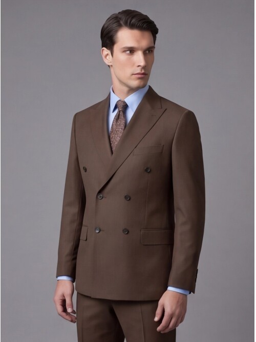 Kahverengi Yünlü Sivri Yaka Kruvaze Regular Fit 6 Düğme Takım Elbise