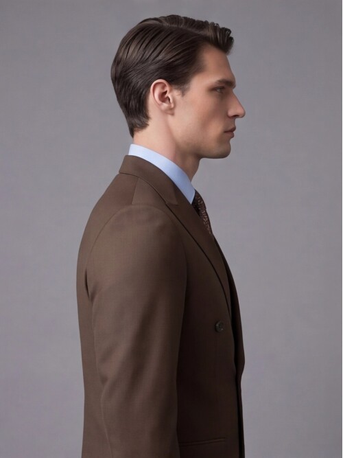 Kahverengi Yünlü Sivri Yaka Kruvaze Regular Fit 6 Düğme Takım Elbise