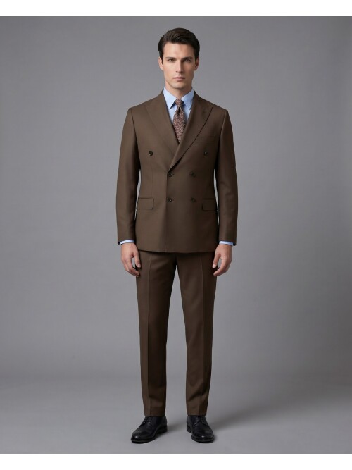 Kahverengi Yünlü Sivri Yaka Kruvaze Regular Fit 6 Düğme Takım Elbise