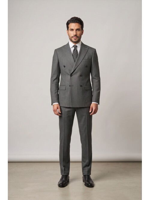 Dark Grey Striped Peak Lapel Double Breasted 6 Button Comfort Fit Suit