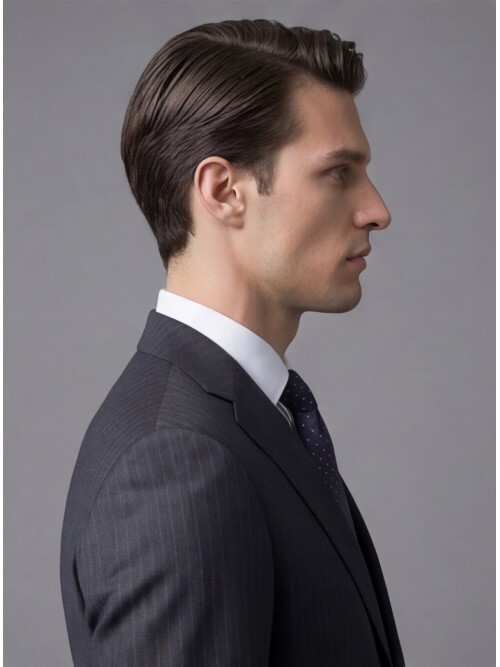 Koyu Gri Çizgili Yünlü Mono Yaka Regular Fit 2 Düğme Takım Elbise