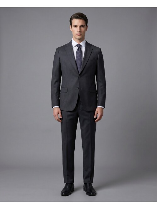 Koyu Gri Çizgili Yünlü Mono Yaka Regular Fit 2 Düğme Takım Elbise