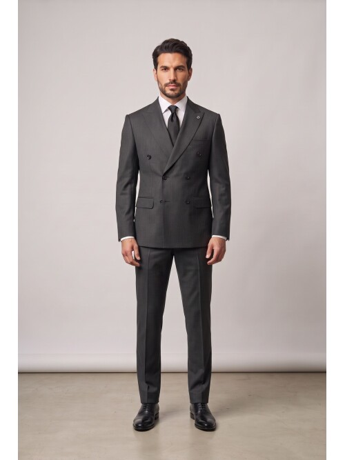 Dark Grey Peak Lapel Pinstripe Double Breasted Suit
