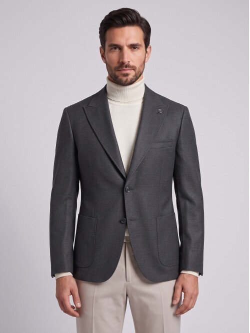 Dark Grey Peak Lapel Pocket Jacket