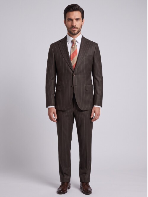 Dark Brown Striped Comfort Fit Peak Lapel Suit