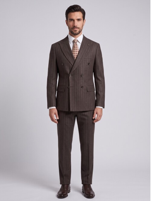 Dark Brown Striped Regular Fit Double Breasted Suit