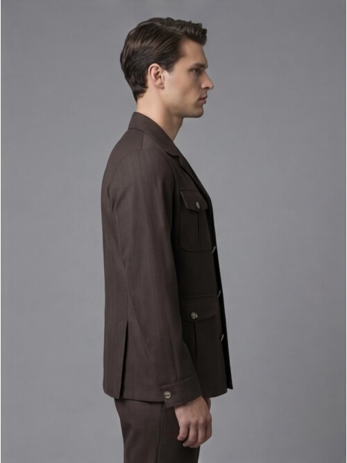 Koyu Kahverengi Comfort Fit Safari Spor Takım Elbise