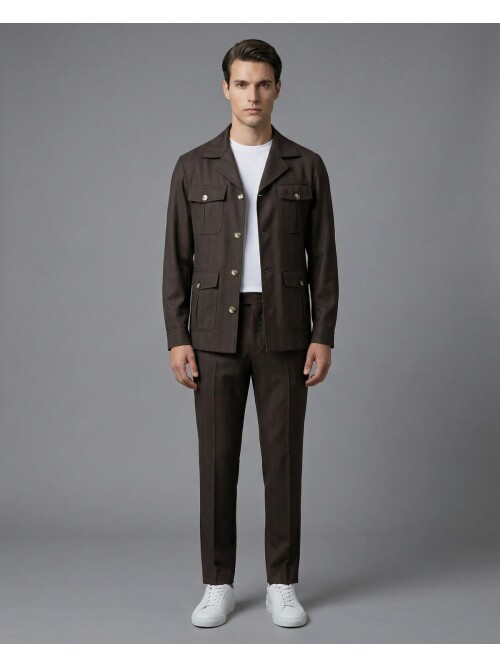 Koyu Kahverengi Comfort Fit Safari Spor Takım Elbise