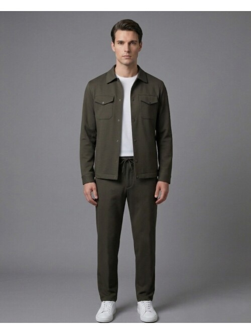 Koyu Kahverengi Gömlek Yaka Safari Cep Comfort Fit Spor Takım