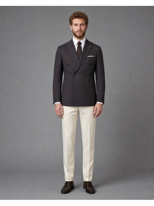 Koyu Kahverengi Kruvaze Ceket Bej Pantolon Kombinli Slim Fit Takım Elbise