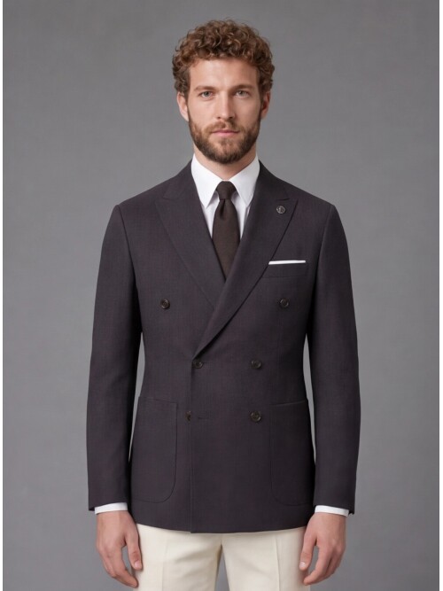Koyu Kahverengi Kruvaze Ceket Bej Pantolon Kombinli Slim Fit Takım Elbise