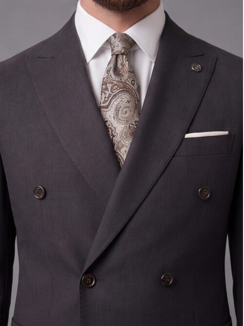 Koyu Kahverengi Kruvaze Ceket Bej Pantolon Kombinli Slim Fit Takım Elbise