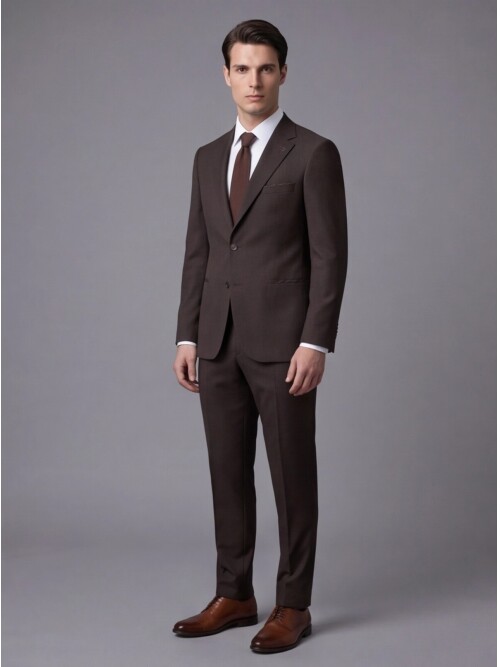 Koyu Kahverengi Mono Yaka Çift Düğmeli Takım Elbise