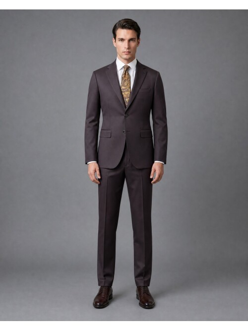 Dark Brown Slim-Fit 2-Button Suit with Mono Collar