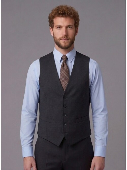 Koyu Kahverengi Sivri Yaka Çift Düğmeli Slim Fit Yelekli Takım Elbise